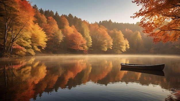 Photo tranquil autumn lake scene with vibrant foliage and wooden boat desktop wallpaper