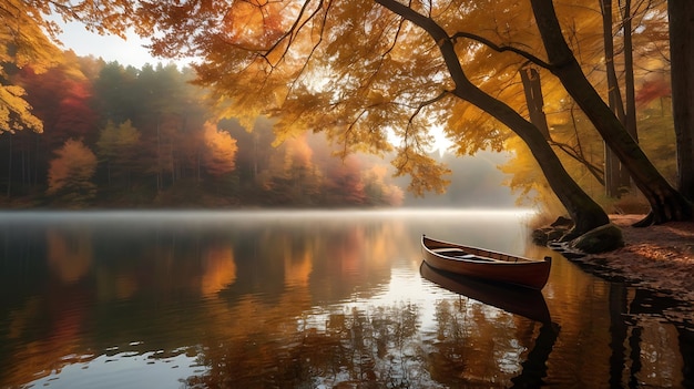 Photo tranquil autumn lake scene with vibrant foliage and wooden boat desktop wallpaper