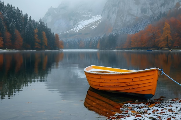 Tranquil Autumn Lake with SnowDusted Boat and Reflective Mountain Wilderness Perfect for Posters Cards and Prints