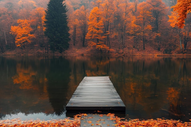 Tranquil autumn lakeside view with a wooden pier surrounded by vibrant fall foliage