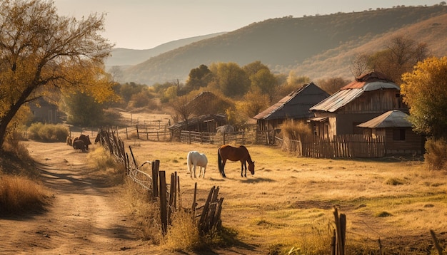 Tranquil autumn meadow cows grazing mountain backdrop generated by AI