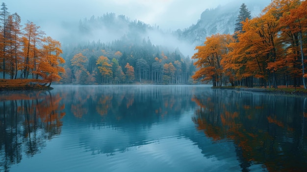 Tranquil Autumn Morning at the Lake Serene Landscape with Misty Reflections and Peaceful Atmosphere