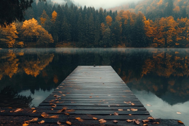 Tranquil autumn morning at a lake with a wooden dock and colorful tree reflections