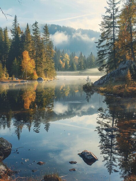 Tranquil Autumn Reflections in a Serene Lake Surrounded by Pine Forest