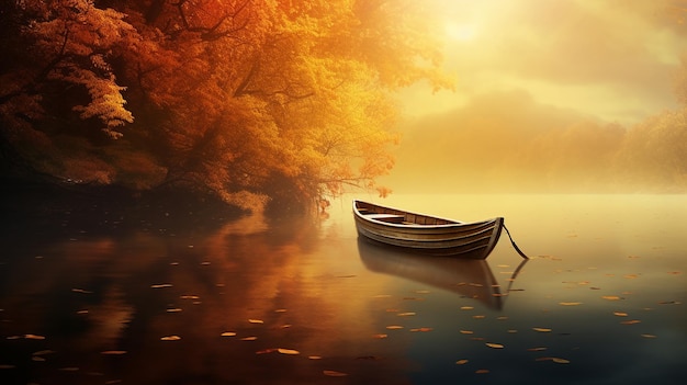 Tranquil Autumn Sunrise with a Small Boat on the Lake