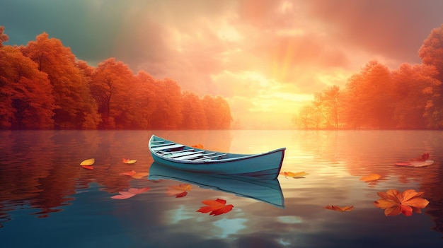 Tranquil Autumn Sunrise with a Small Boat on the Lake