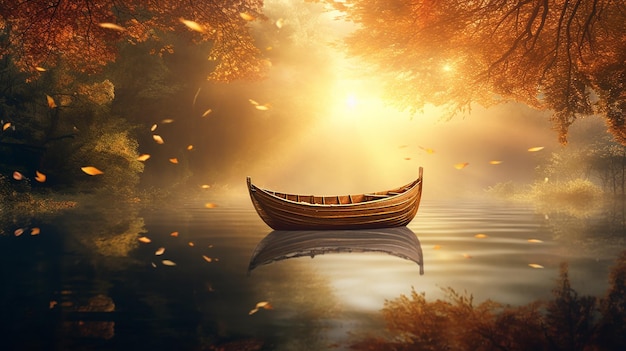 Tranquil Autumn Sunrise with a Small Boat on the Lake