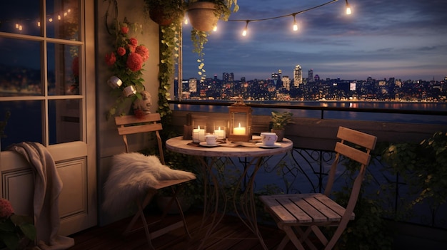 Tranquil balcony setting with table chairs greenery and cityscape view under gentle lights