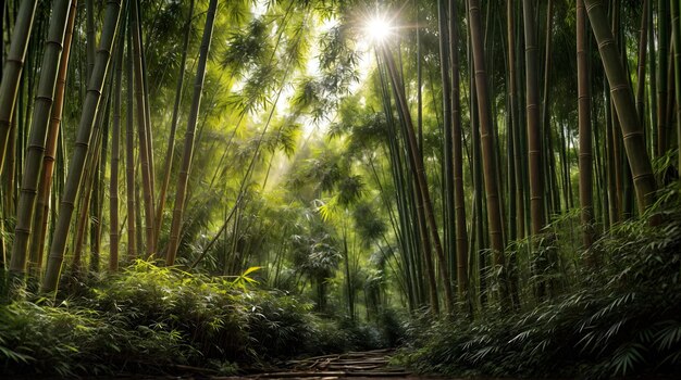 A tranquil bamboo forest with beauty sunlight Generative AI