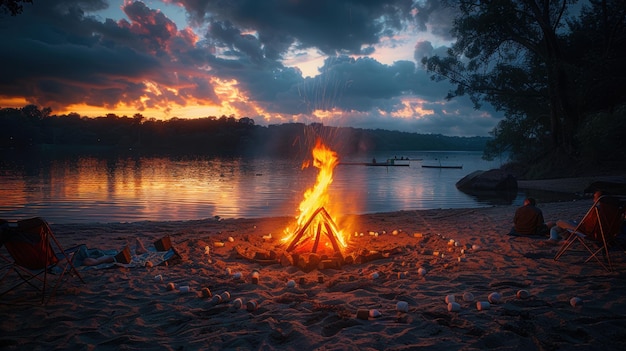 Tranquil Beach Bonfire Gathering at Sunset Friends Roasting Marshmallows in Soft Glowing