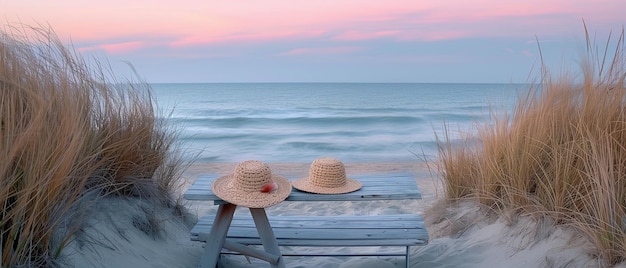 Photo tranquil beach at dawn featuring a wooden picnic table adorned with a woven straw hat and a seashel