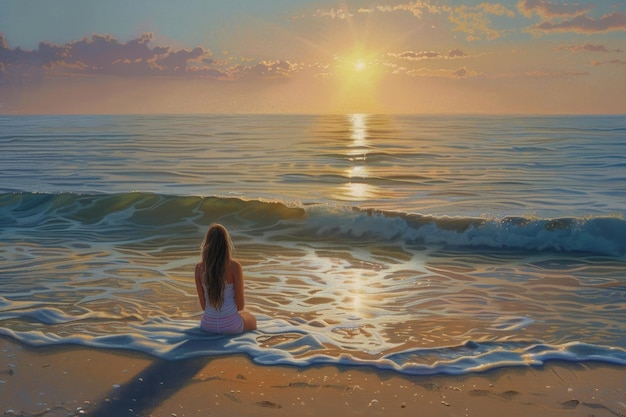 On a tranquil beach a girl watches the sun dip below the horizon casting a warm glow across the sand