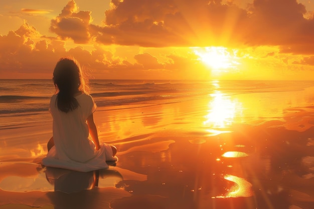 On a tranquil beach a girl watches the sun dip below the horizon casting a warm glow across the sand