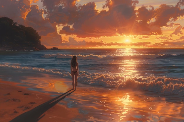 On a tranquil beach a girl watches the sun dip below the horizon casting a warm glow across the sand