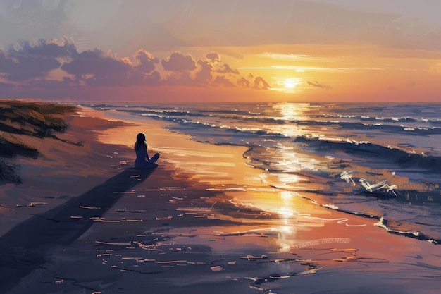 On a tranquil beach a girl watches the sun dip below the horizon casting a warm glow across the sand