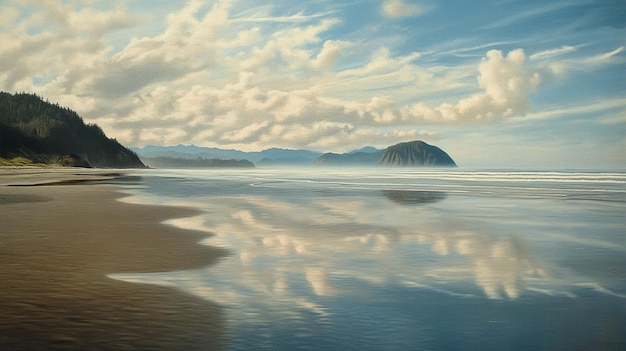 Photo tranquil beach at low tide with seagulls