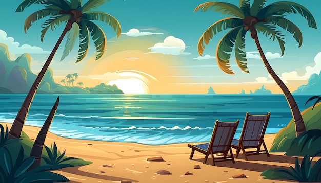 Tranquil beach scene illustration with lush palms soft sands azure waters and a clear sky