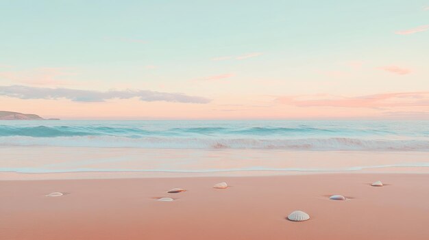 Photo a tranquil beach scene at sunrise with gentle waves lapping against the shore the sky is painted