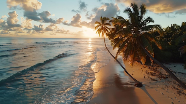 A tranquil beach scene at sunset with palm trees and turquoise water