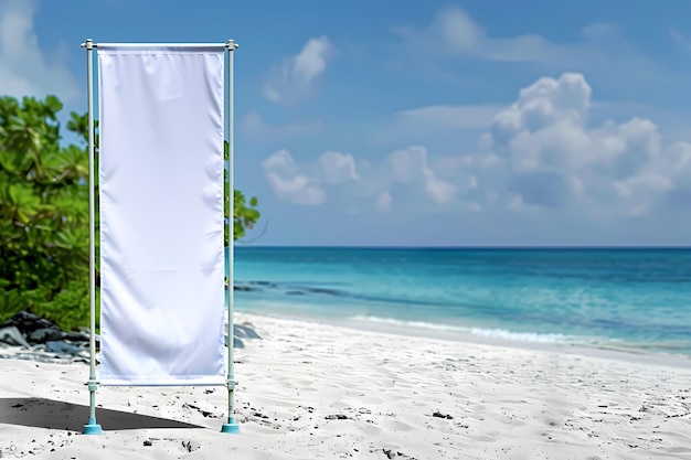 Tranquil beach scene Untouched white banner stand waits for your captivating message