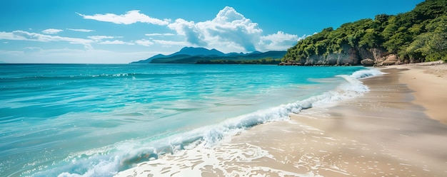 Tranquil Beach Scene with Foamy Waves and Lush Green Mountains