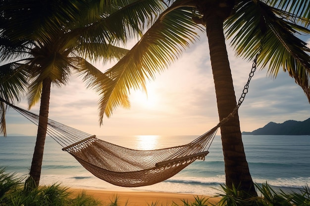 Tranquil beach scene with a hammock hanging between palm trees overlooking the ocean