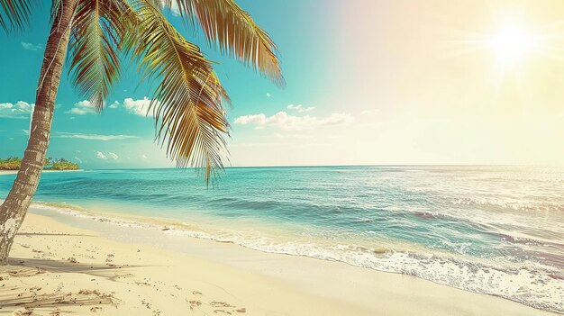 Photo tranquil beach scene with palm tree and sun