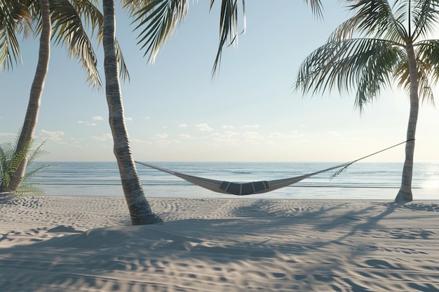 Tranquil beach scene with palm trees and a hammock