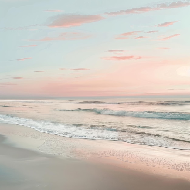 Photo tranquil beach scene with soft pink sunset sky and gentle waves lapping on sandy shore