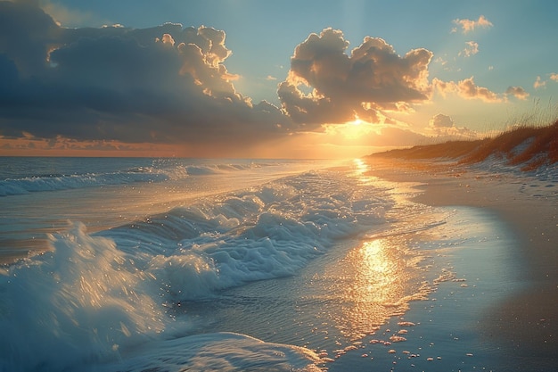 Tranquil beach scene with soft sand and calm waves