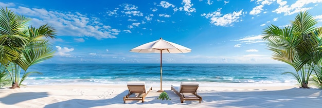 Photo tranquil beach setting with sunbeds and umbrellas perfect day at a maldivian resort