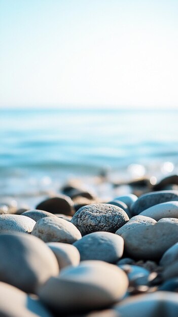 Tranquil Beach Stones Serene Coastal Landscape with Smooth Pebbles and Calm Waters