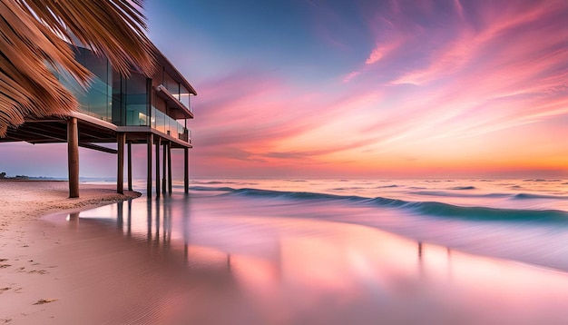 Photo a tranquil beach at sunrise with pastelcolored skies reflected in the calm water