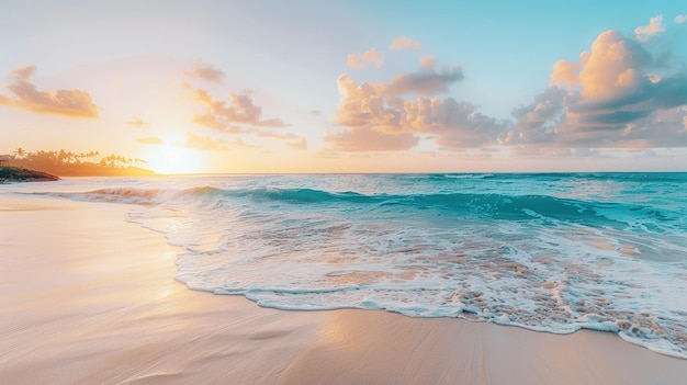 Tranquil Beach Sunset With Foamy Waves and Lush Greenery