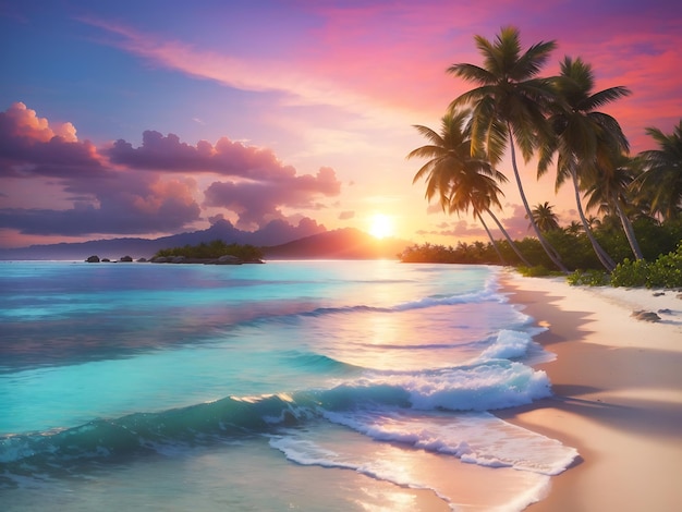 A tranquil beach with palm trees crystalclear waters and a colorful sunset