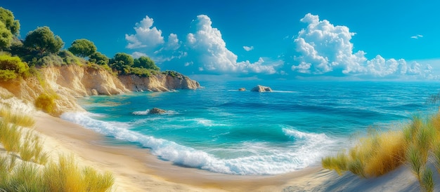 Photo tranquil beach with waves lapping on the shore white sand and lush greenery