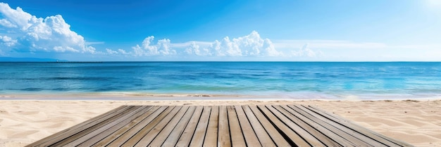 Photo tranquil beachscape with wooden deck