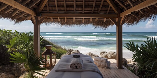 Photo tranquil beachside wellness retreat with ocean view and massage table in tropical paradise