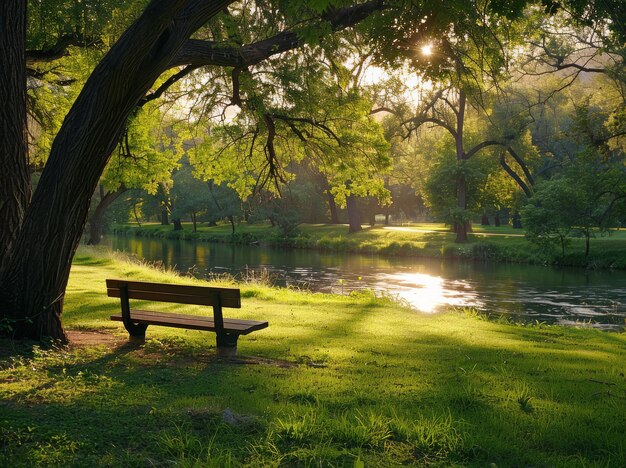 Photo a tranquil bench by the river on a sunny afternoon in a green forest