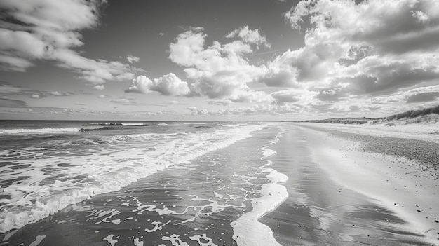 Tranquil Black and White Coastal Landscape Serene Ocean Waves Sandy Beach and Dramatic Clouds