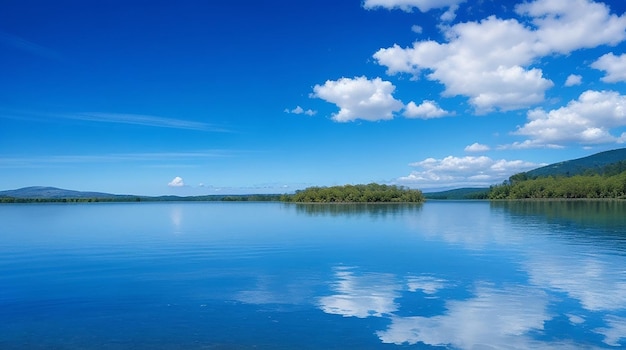 A tranquil blue lake reflecting the sky above with a few ripples in the water