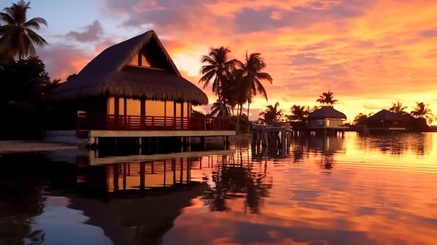 Tranquil bungalow reflection silhouettes Caribbean sunset beautiful background