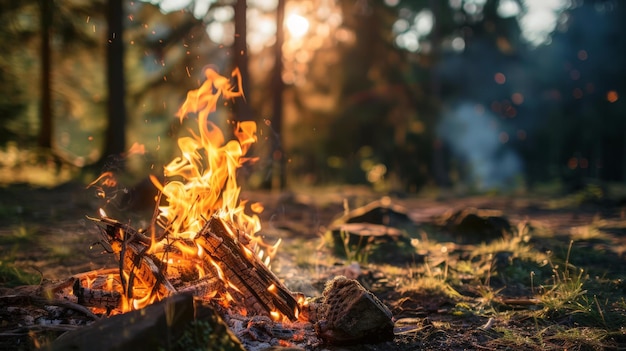 Tranquil campfire in a forest at sunrise Warmth and wilderness exploration theme