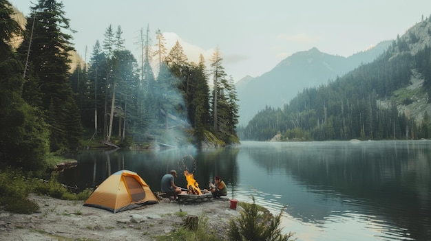 Photo a tranquil camping scene by a lake with a glowing campfire orange tent mountain backdrop and pine trees capturing the essence of outdoor adventure and serenity