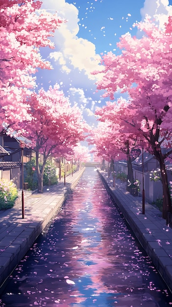 A Tranquil Canal Lined with Cherry Blossoms in a Japanese Village