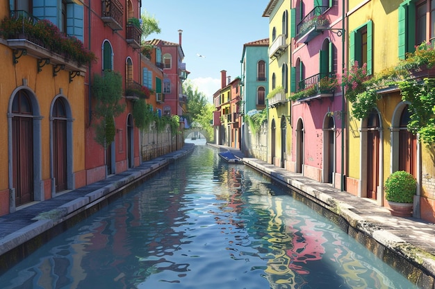 Tranquil canal lined with colorful houses