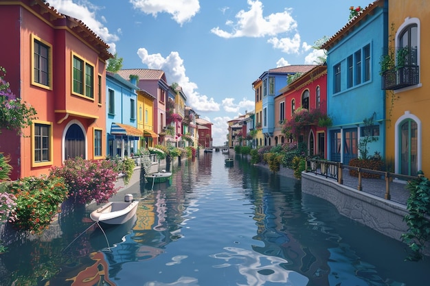 Tranquil canal lined with colorful houses