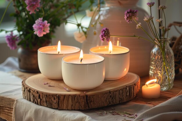 Tranquil candle display on rustic wooden slice