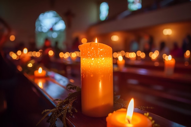 Tranquil Candlelight Ambiance in a Serene Church Setting with Warm Glowing Candles on Wooden