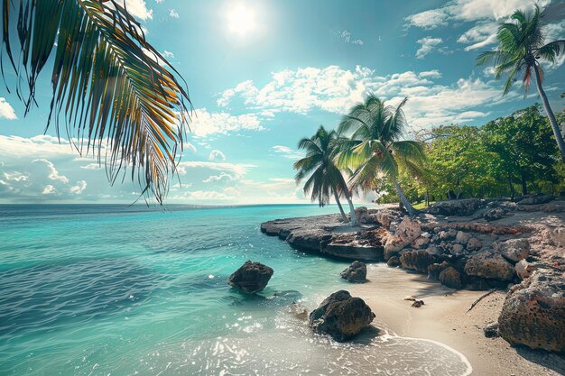 Tranquil Caribbean Beach Scene With Palm Trees and Turquoise Waters